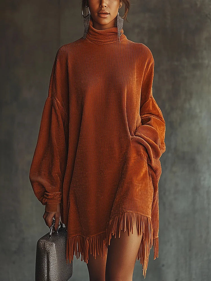 Orange Corduroy Dress for Women with Fringed Hem and High Collar