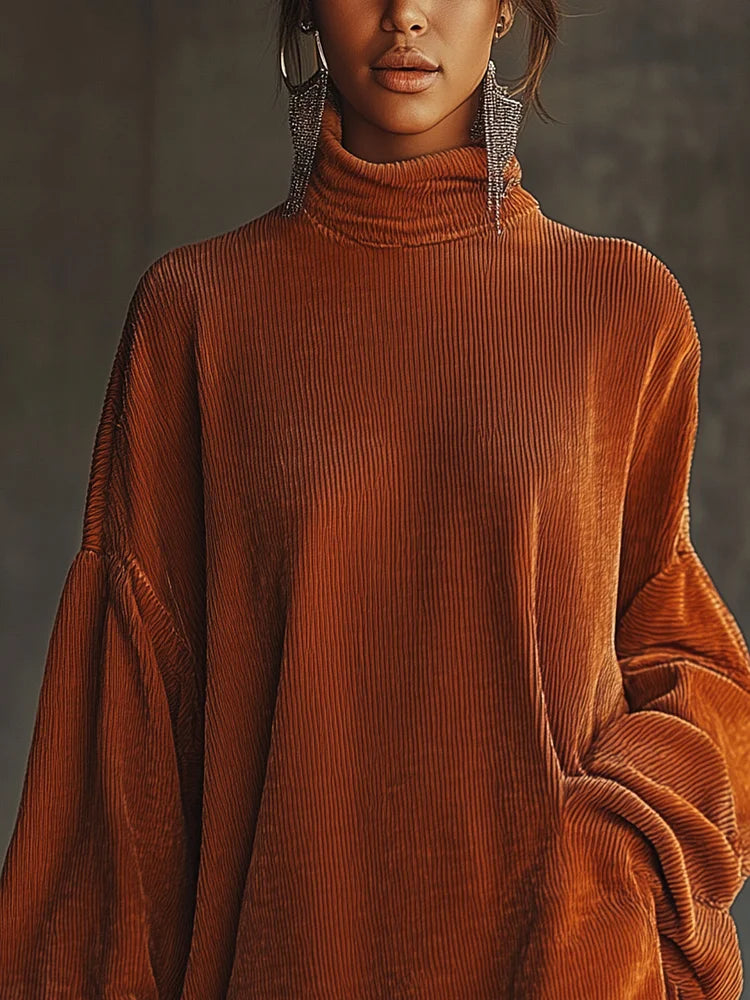 Orange Corduroy Dress for Women with Fringed Hem and High Collar