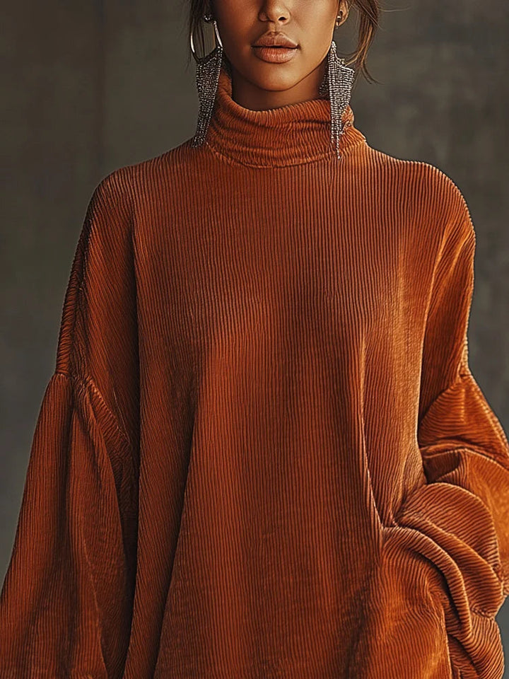 Orange Corduroy Dress for Women with Fringed Hem and High Collar