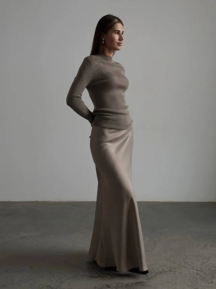 Muse & Valeur | Satin Fishtail Maxi Skirt for Women in Black