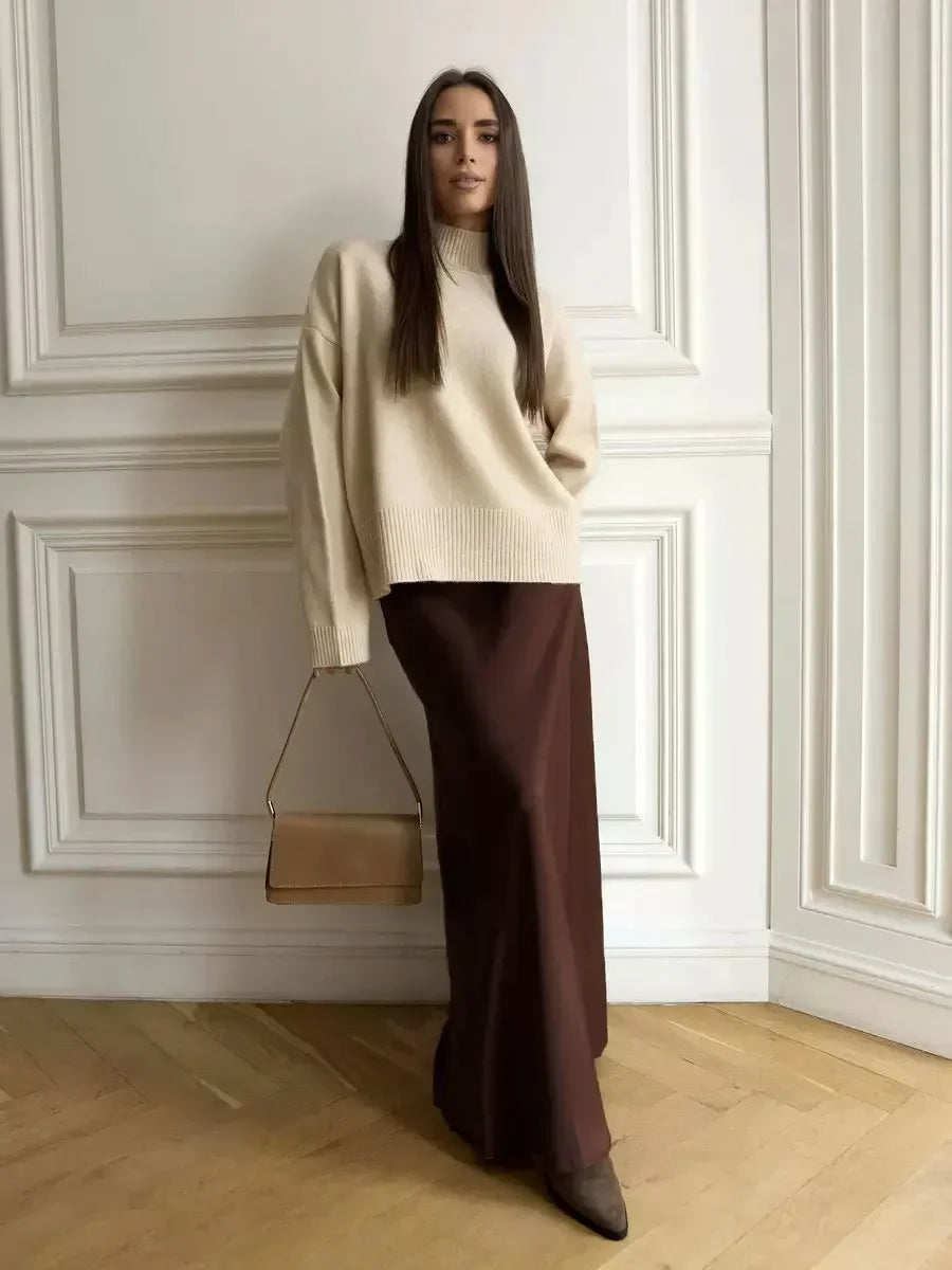 Muse & Valeur | Satin Fishtail Maxi Skirt for Women in Black