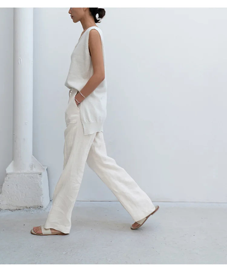 Muse & Valeur | Linen Straight Pants for Women with Drawstring