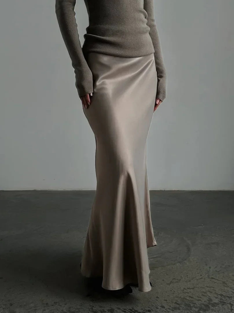 Muse & Valeur | Satin Fishtail Maxi Skirt for Women in Black