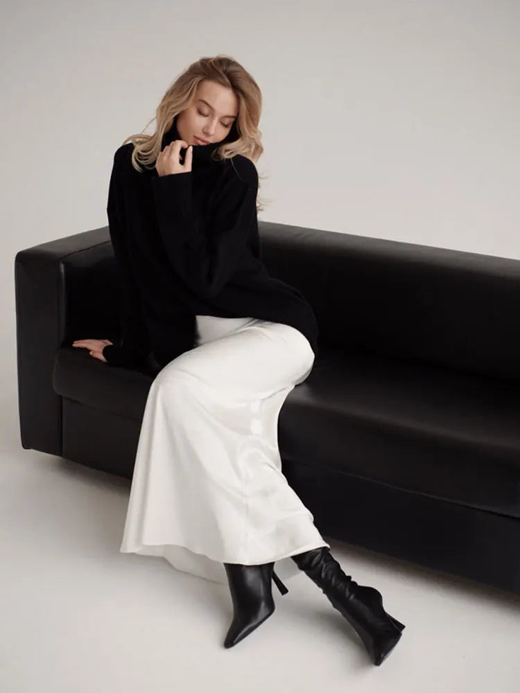 Muse & Valeur | Satin Fishtail Maxi Skirt for Women in Black