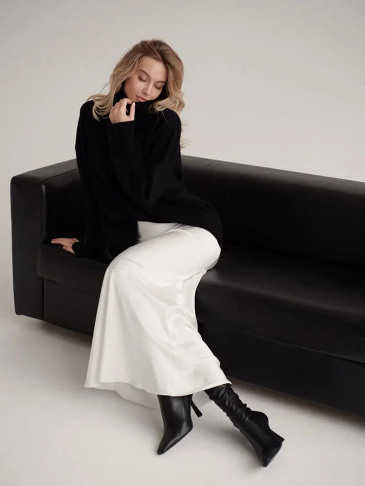 Muse & Valeur | Satin Fishtail Maxi Skirt for Women in Black