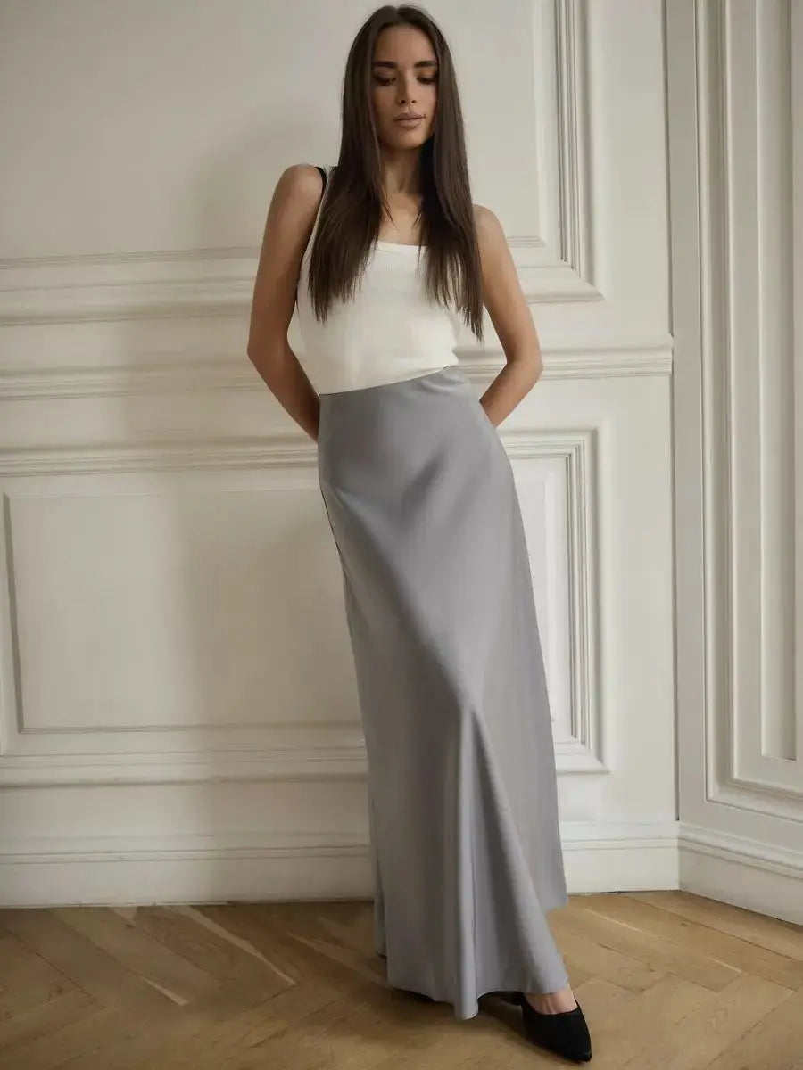 Muse & Valeur | Satin Fishtail Maxi Skirt for Women in Black