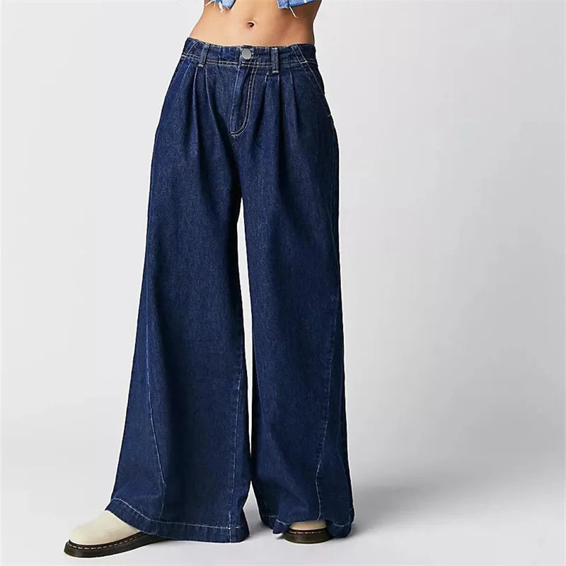 Muse & Valeur | Pleated Wide-Leg Jeans for Women in Denim Blue