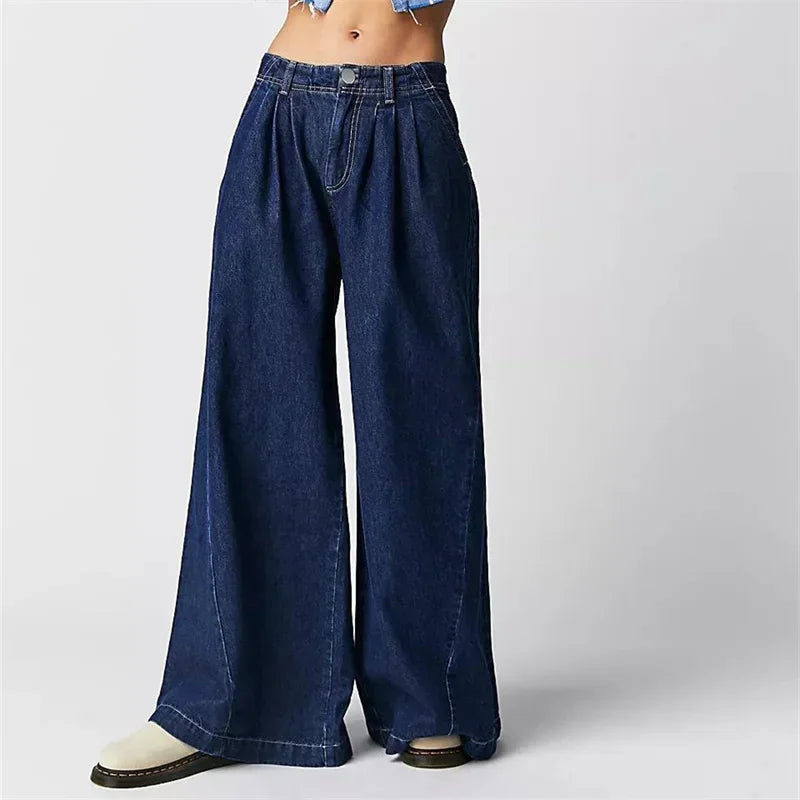 Muse & Valeur | Pleated Wide-Leg Jeans for Women in Denim Blue