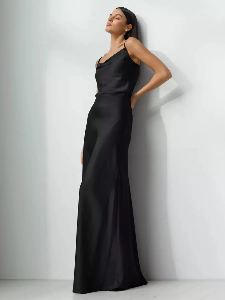 Muse & Valeur | Satin Fishtail Maxi Skirt for Women in Black