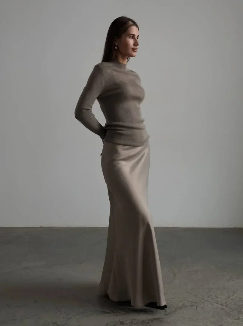 Muse & Valeur | Satin Fishtail Maxi Skirt for Women in Black
