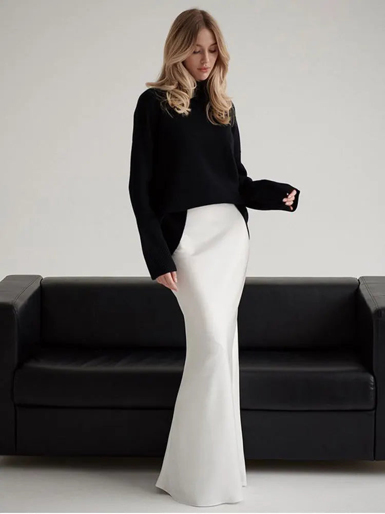 Muse & Valeur | Satin Fishtail Maxi Skirt for Women in Black