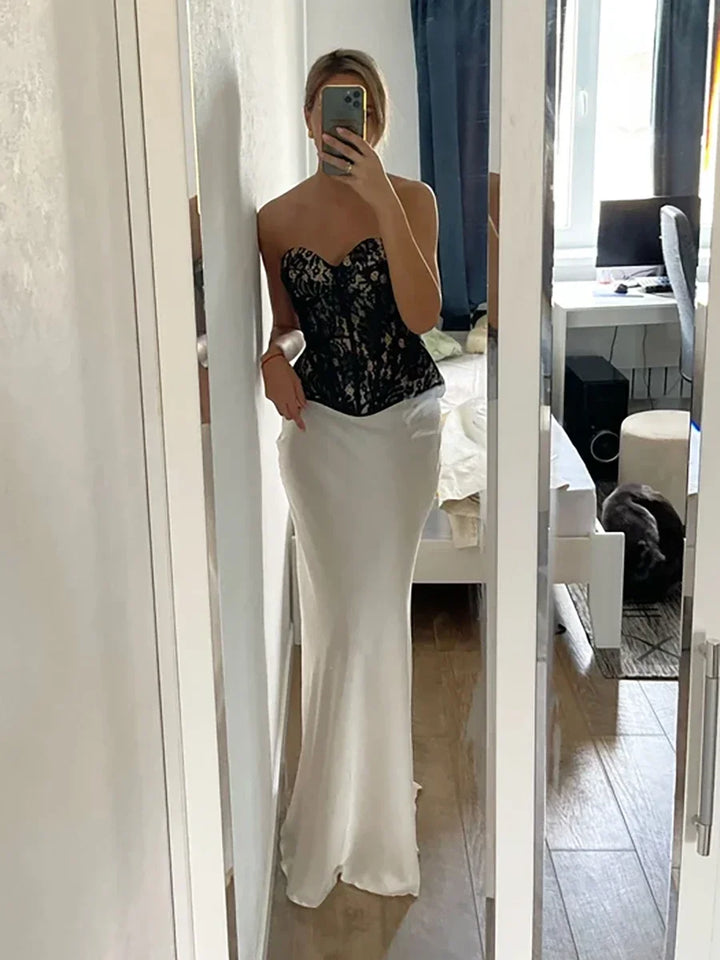 Muse & Valeur | Satin Fishtail Maxi Skirt for Women in Black