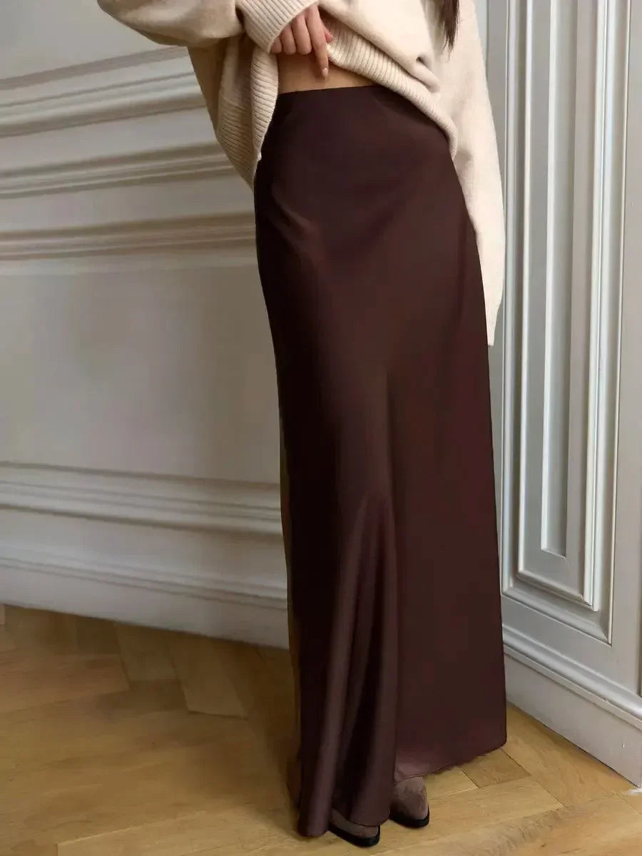 Muse & Valeur | Satin Fishtail Maxi Skirt for Women in Black