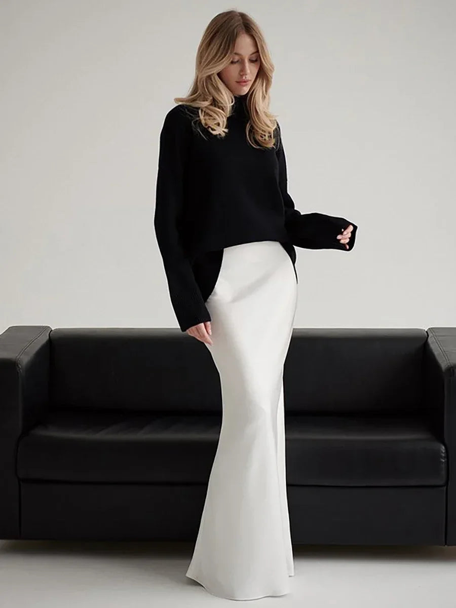Muse & Valeur | Satin Fishtail Maxi Skirt for Women in Black