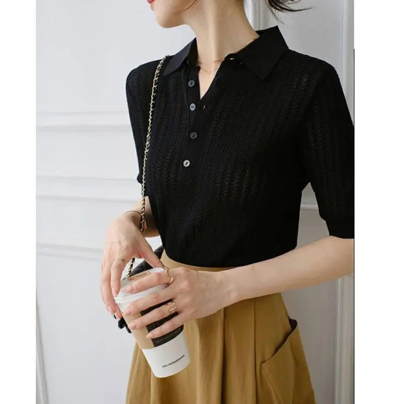 Muse and Valeur | Ribbed Knit Polo Blouse