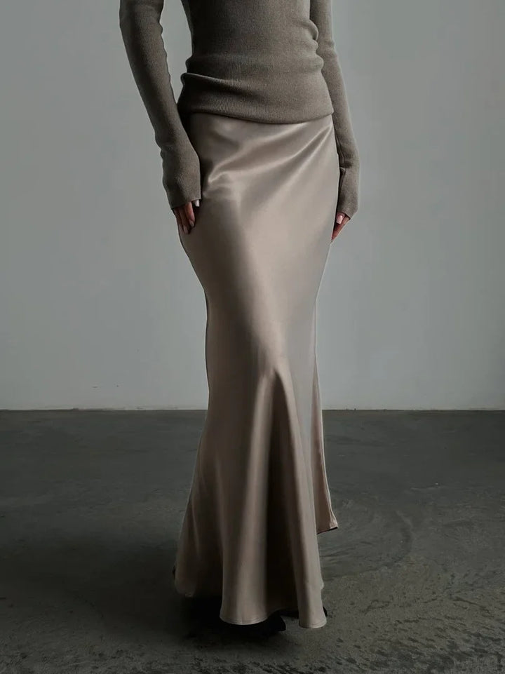 Muse & Valeur | Satin Fishtail Maxi Skirt for Women in Black