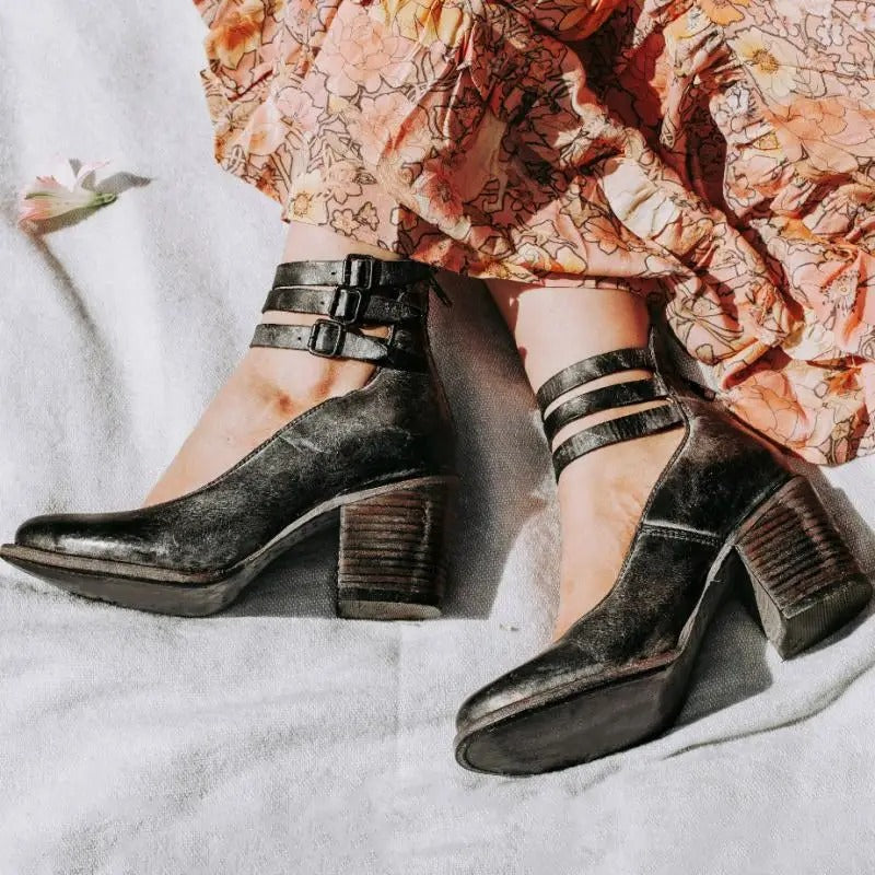 Muse & Valeur | Vintage Summer Heels for Women, Ankle Strap, Closed Toe