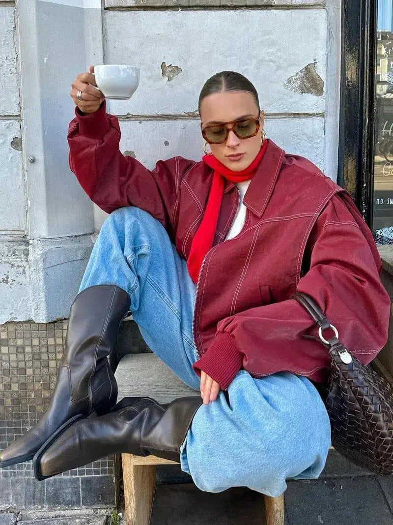 Muse and Valeur | Glossy vegan leather bomber jacket