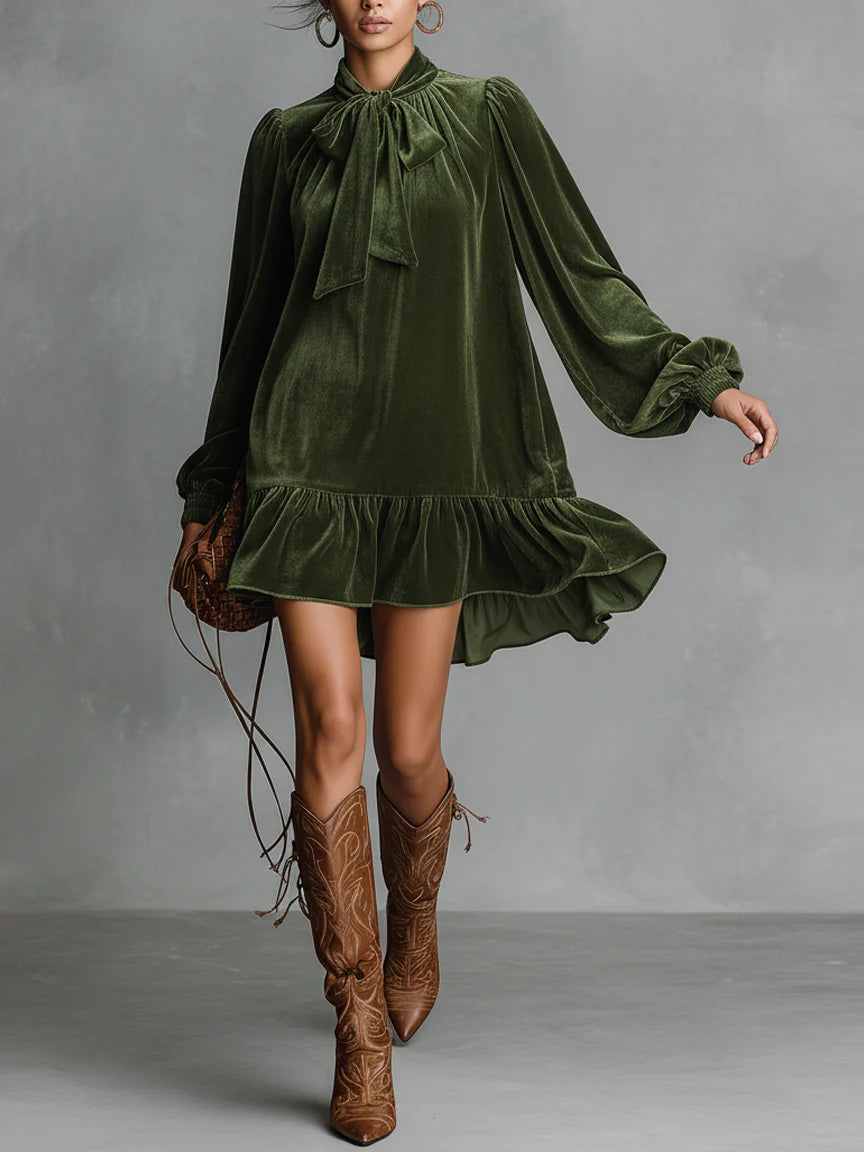 Loose-Fitting Velvet Mini Dress with Neckline Bow for Women