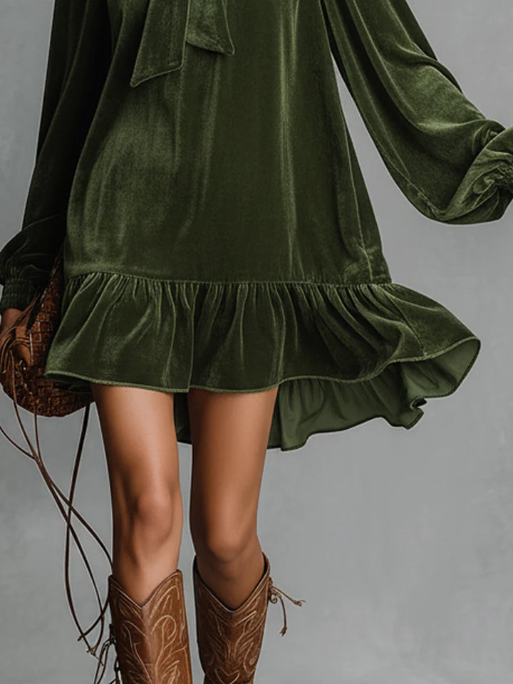 Loose-Fitting Velvet Mini Dress with Neckline Bow for Women