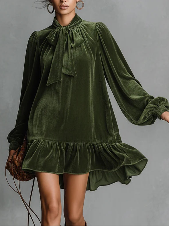 Loose-Fitting Velvet Mini Dress with Neckline Bow for Women