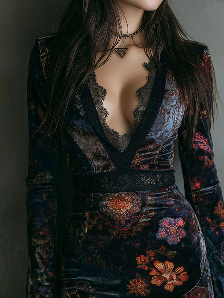 Floral Velvet Mini Dress for Women with V-Neck, Lace Trim, and Fitted Silhouette