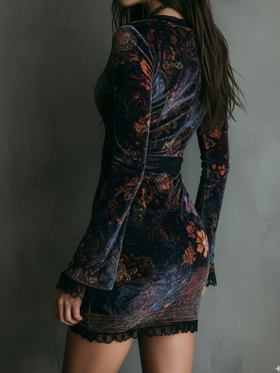 Floral Velvet Mini Dress for Women with V-Neck, Lace Trim, and Fitted Silhouette
