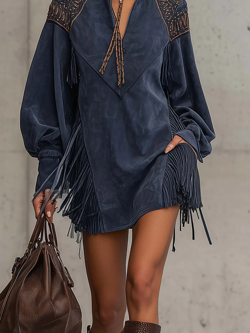 Indigo Mini Dress with Embroidered Tassels and Stand Collar