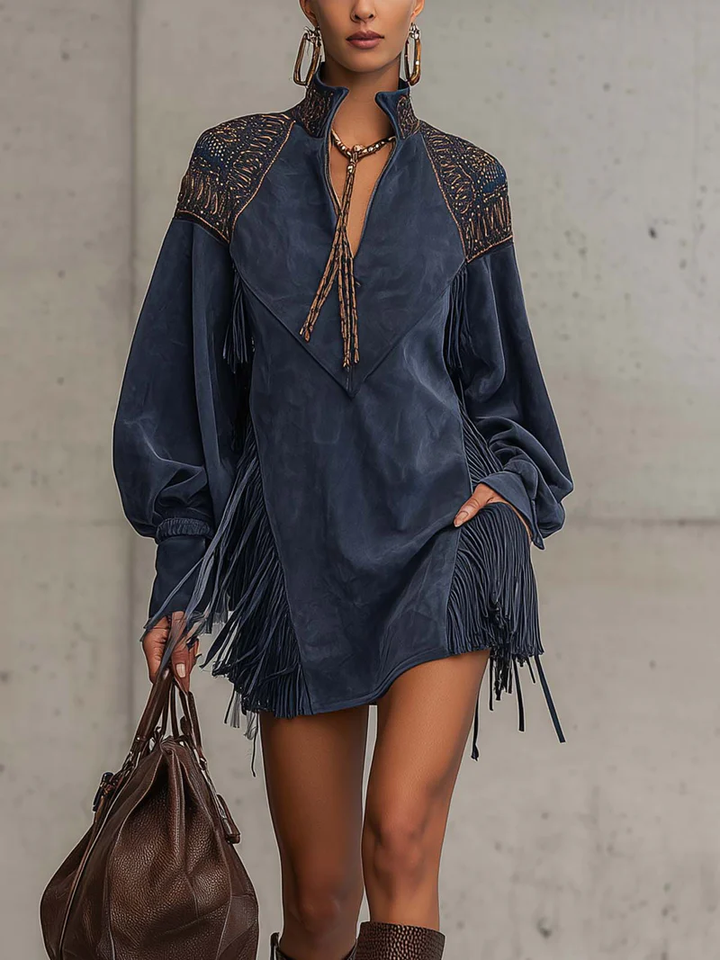 Indigo Mini Dress with Embroidered Tassels and Stand Collar