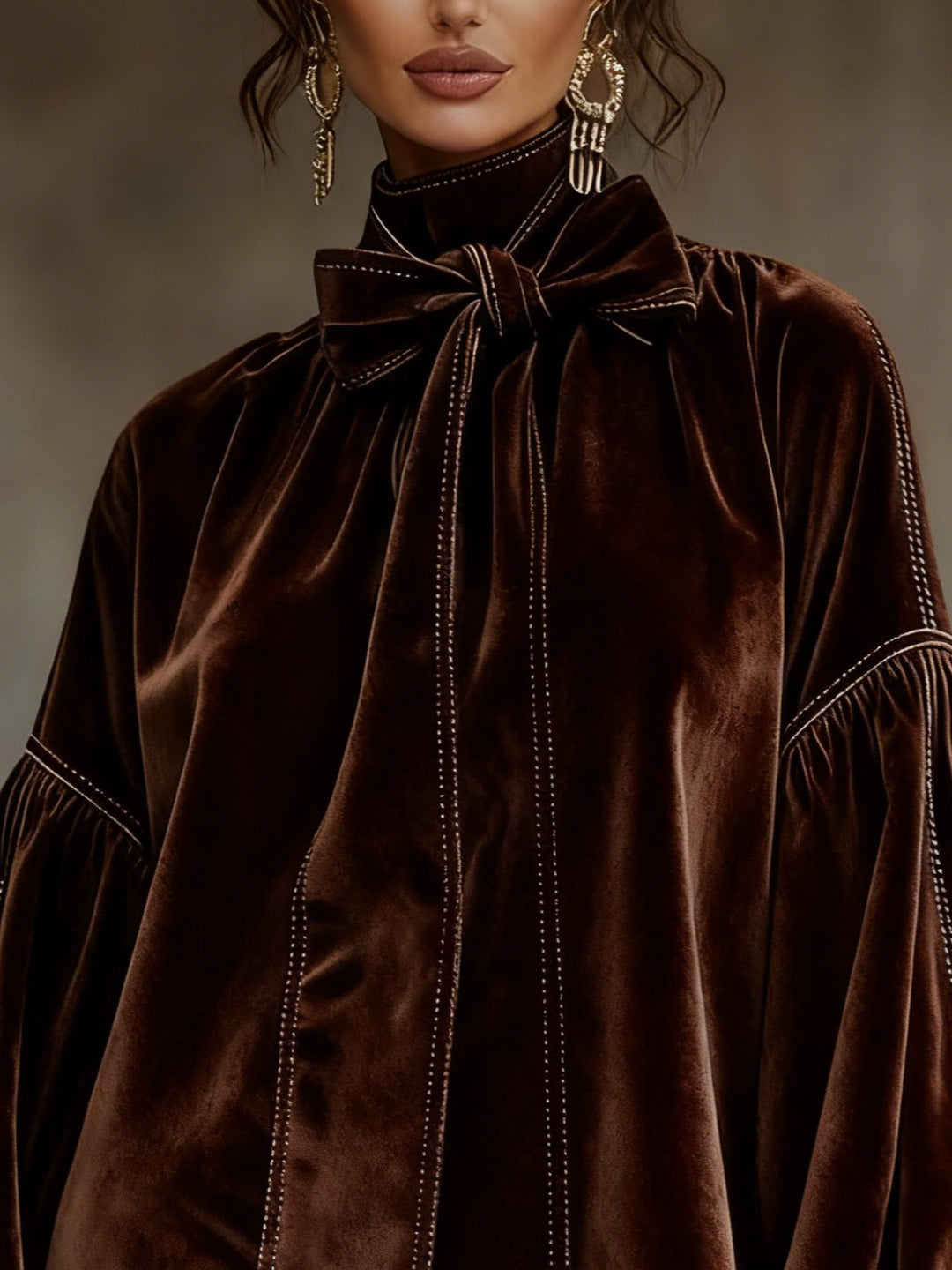 Dark Brown Velvet Mini Dress for Women with Bow and Lantern Sleeves