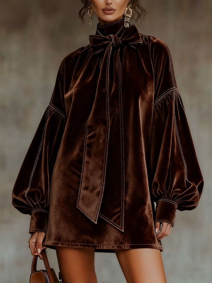 Dark Brown Velvet Mini Dress for Women with Bow and Lantern Sleeves