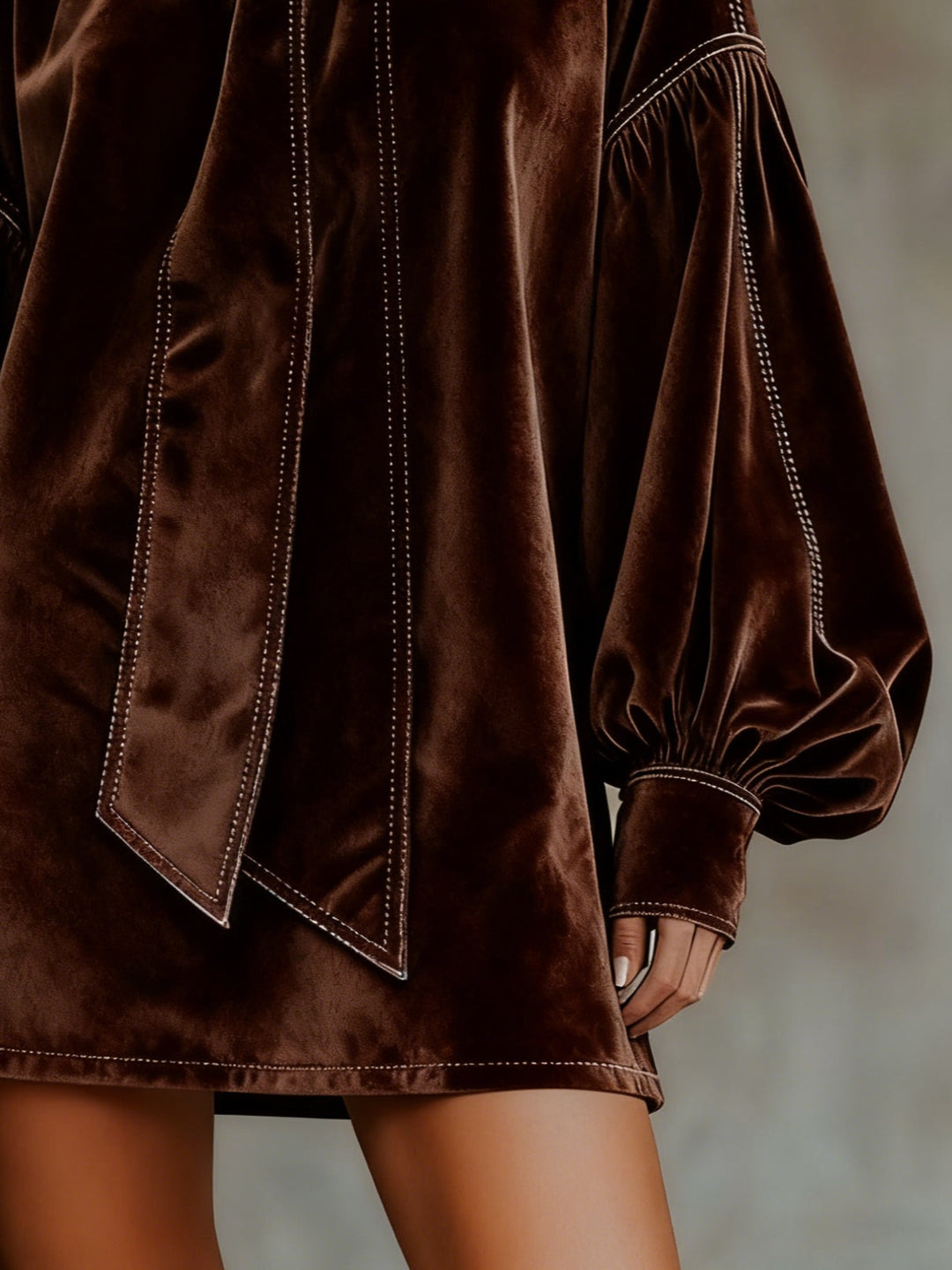 Dark Brown Velvet Mini Dress for Women with Bow and Lantern Sleeves