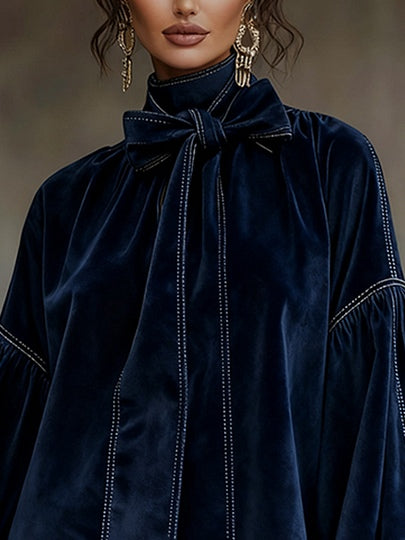 Dark Blue Velvet Mini Dress for Women with Bow and Lantern Sleeves