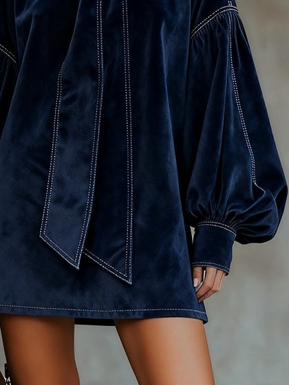 Dark Blue Velvet Mini Dress for Women with Bow and Lantern Sleeves