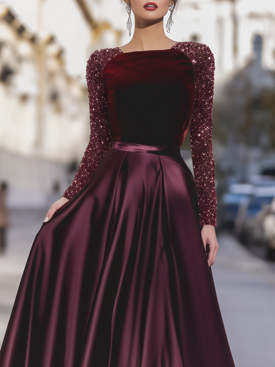 Muse & Valeur | Velvet Sequin Sleeve Gown With Satin Skirt