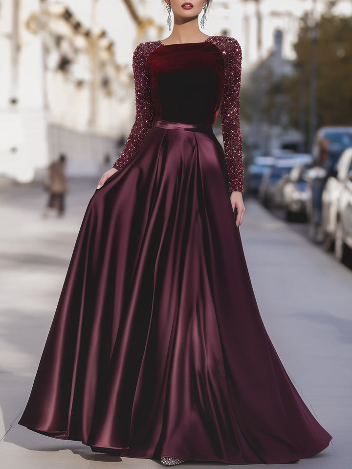 Muse & Valeur | Velvet Sequin Sleeve Gown With Satin Skirt