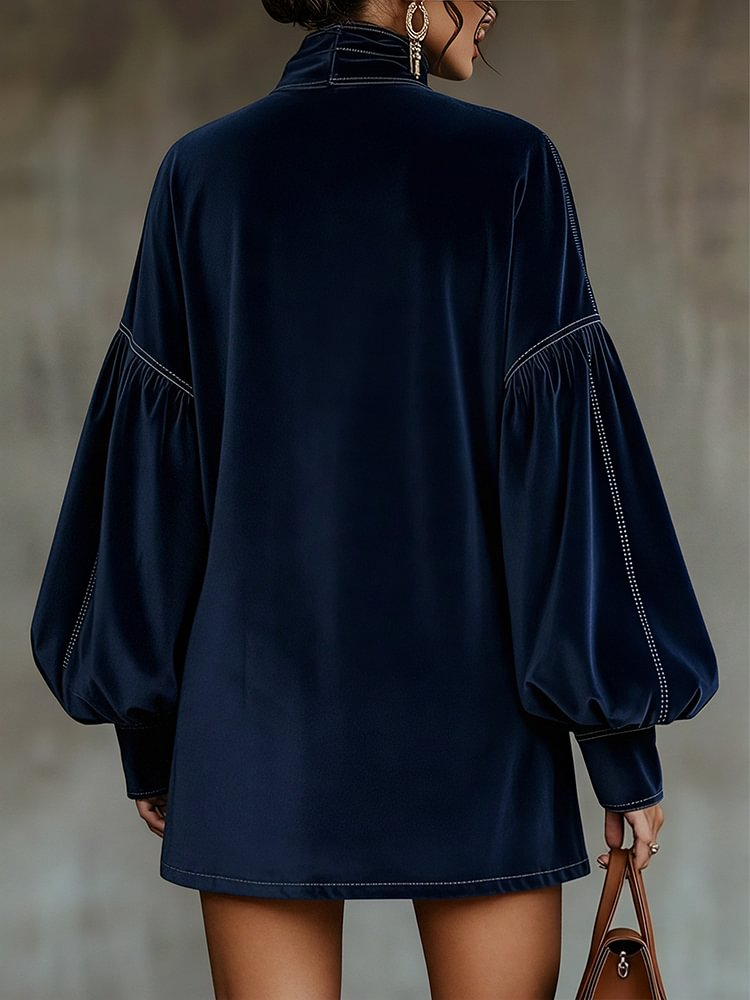Dark Blue Velvet Mini Dress for Women with Bow and Lantern Sleeves