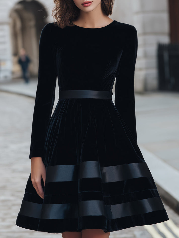 Muse & Valeur | Black Velvet Fit-and-Flare Dress With Satin Stripes