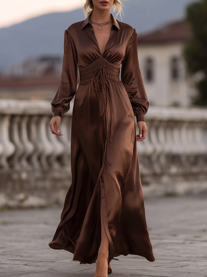 Muse & Valeur | Satin Cinched Waist Maxi Dress In Mocha Brown