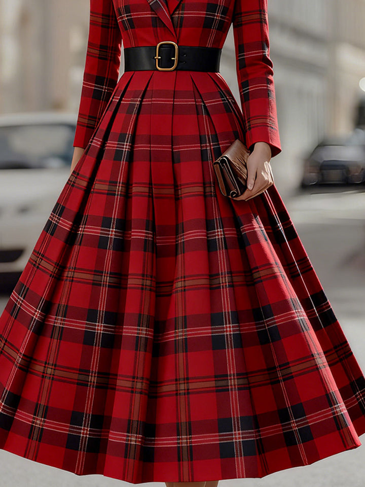 Muse & Valeur | Statement Red Plaid Trench Dress With Gold Buckle Belt
