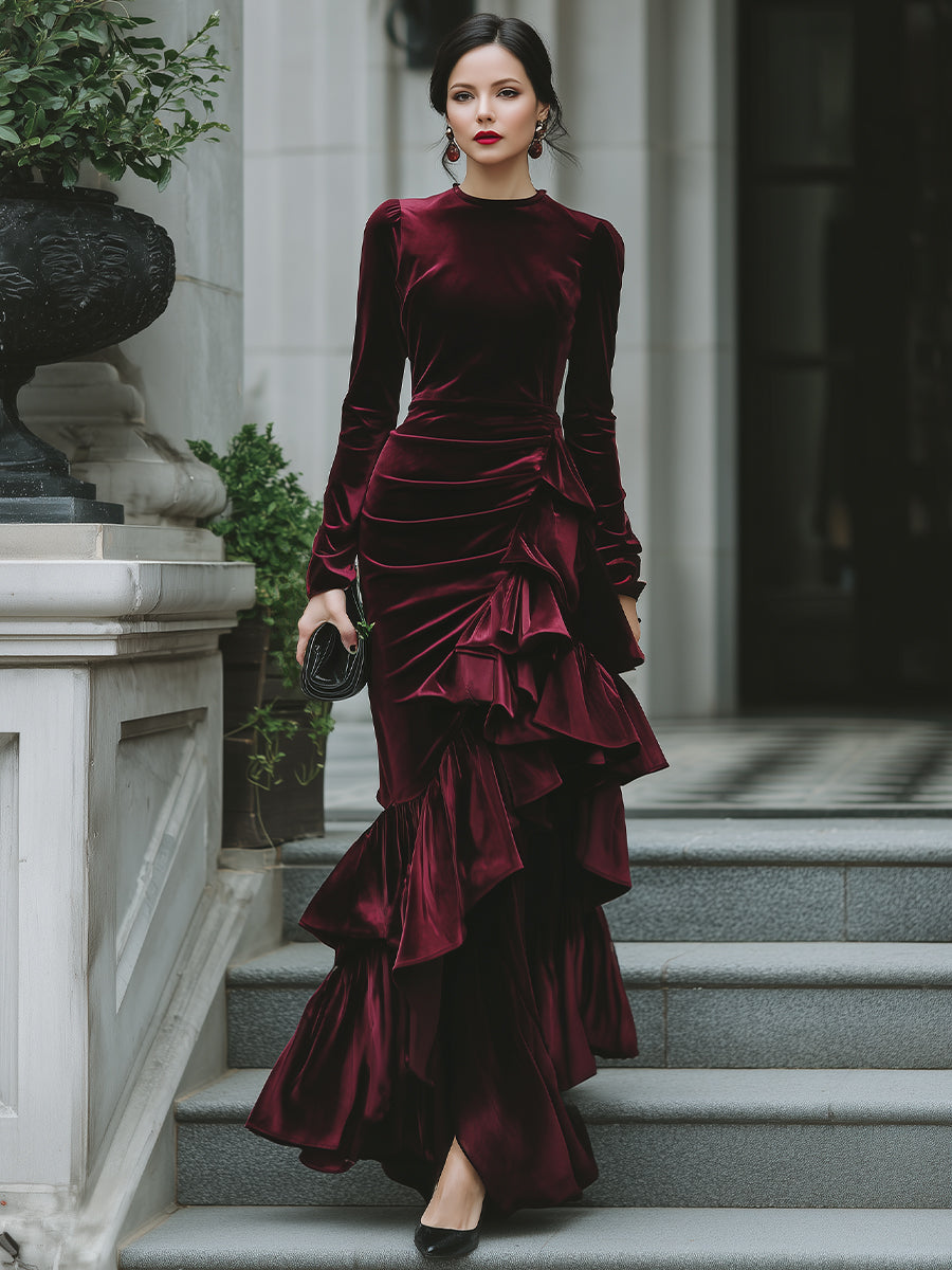 Muse & Valeur | Long Sleeve Ruffled Tier Evening Gown