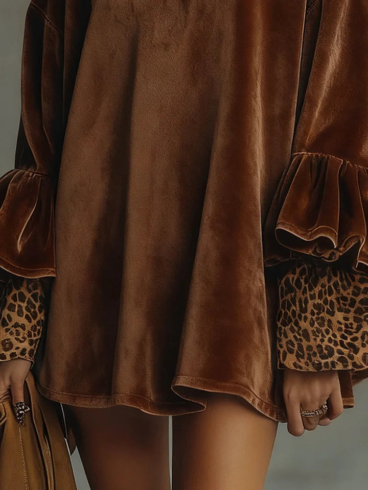 Velvet Mini Dress for Women, Leopard Print, Ruffled Cuffs and Hem