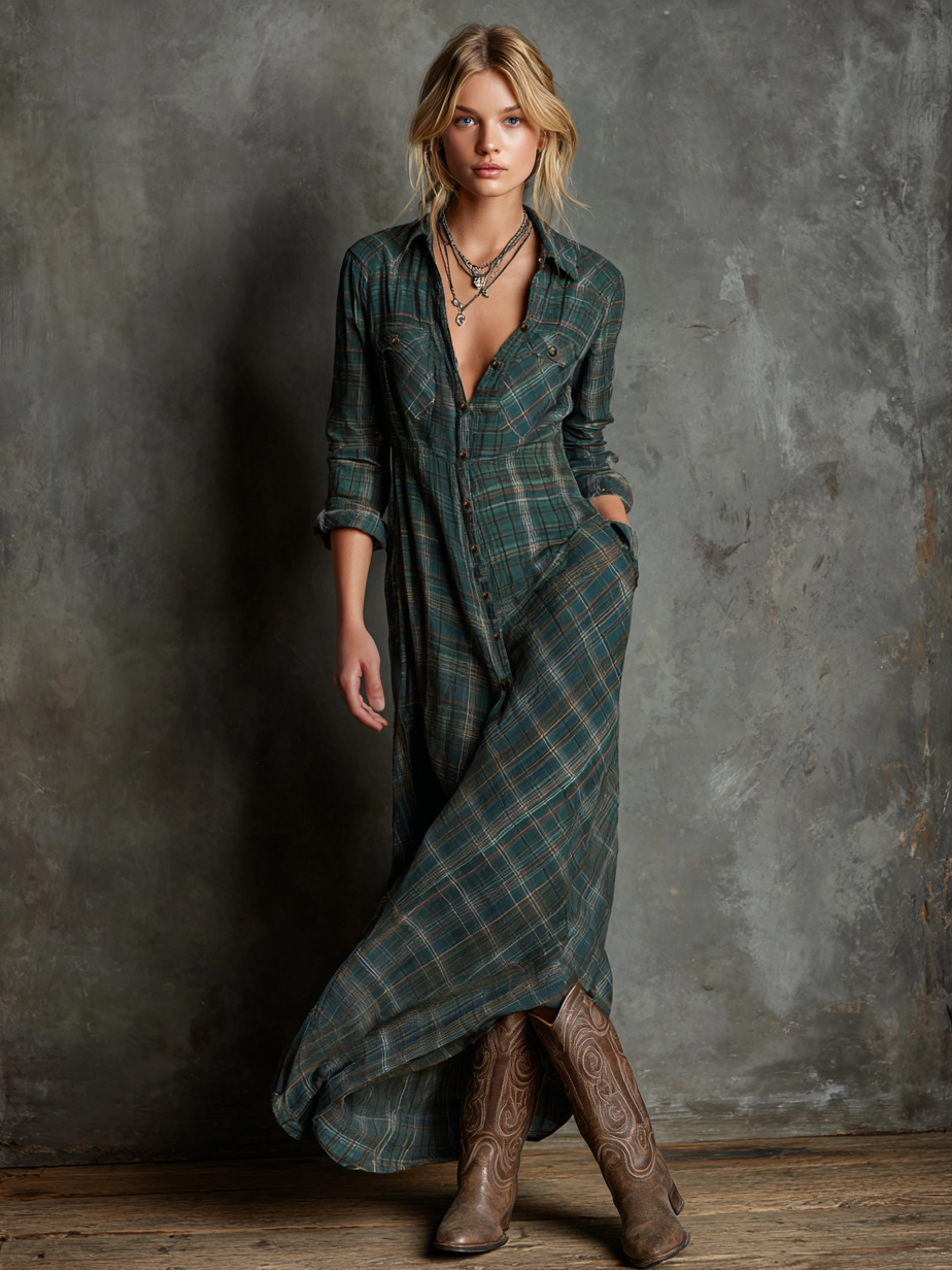Muse and Valeur | Plaid Lapel Single-Breasted Maxi Dress