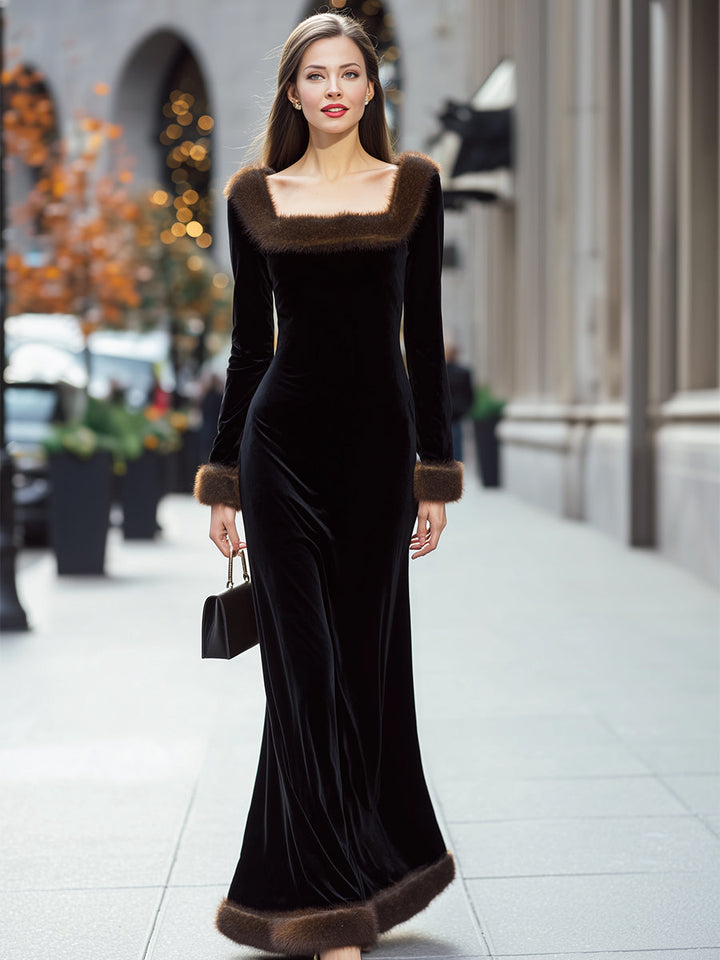 Muse & Valeur | Luxurious Black Velvet Gown With Faux Fur Trim