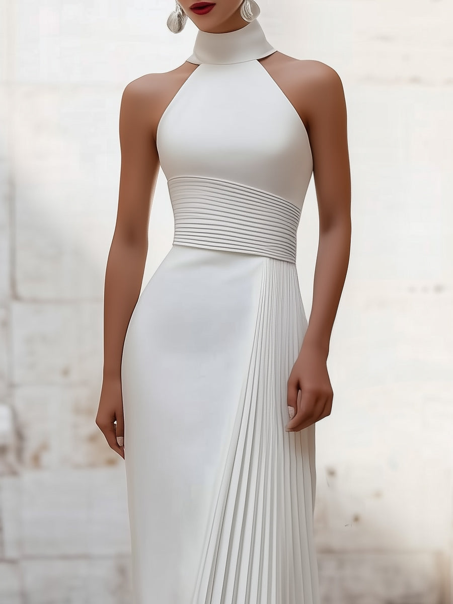 Muse & Valeur | Elegant Satin Pleated Halter-Neck Evening Gown