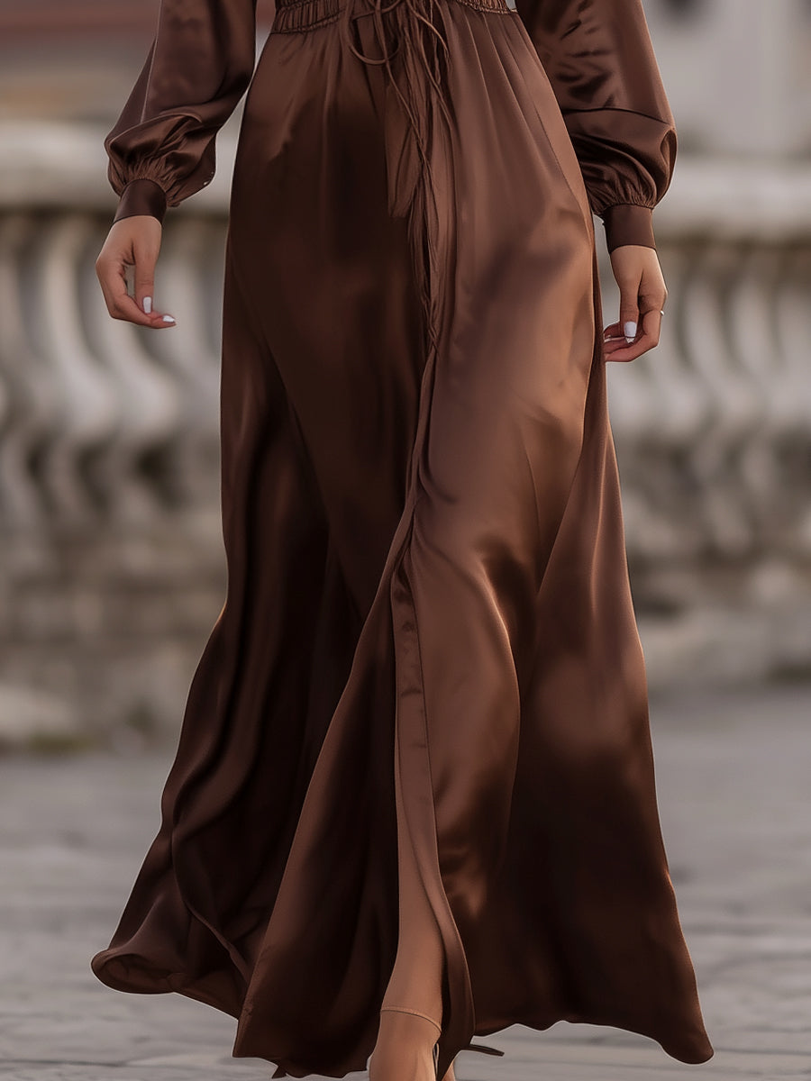 Muse & Valeur | Satin Cinched Waist Maxi Dress In Mocha Brown