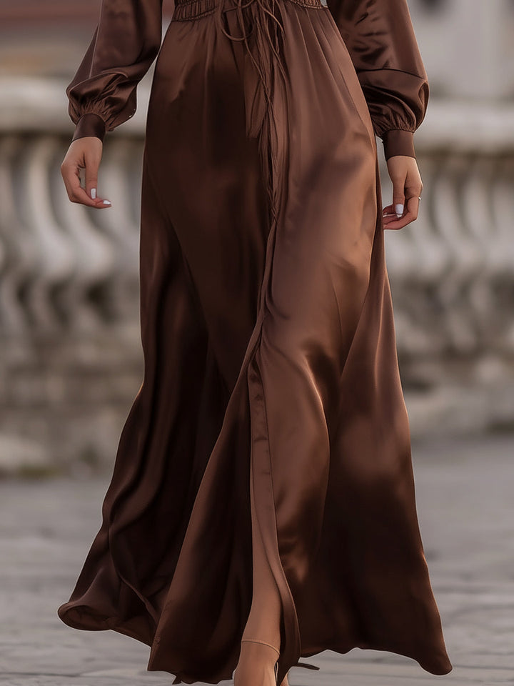 Muse & Valeur | Satin Cinched Waist Maxi Dress In Mocha Brown