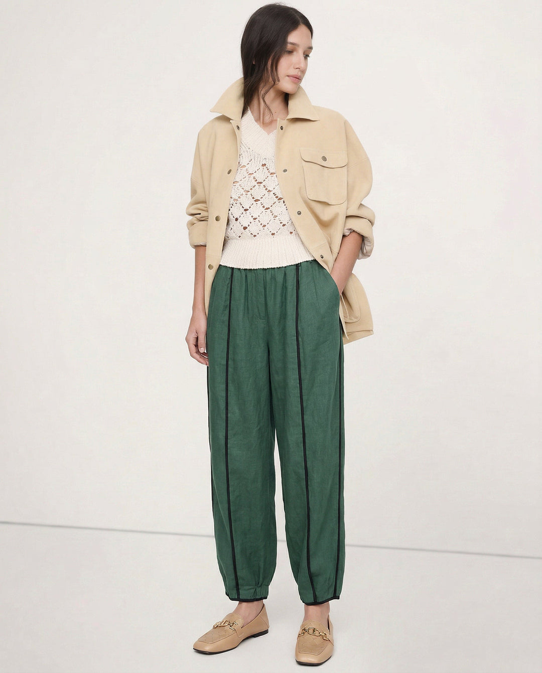 Muse & Valeur | Green Stripe Linen Wide Leg Pant