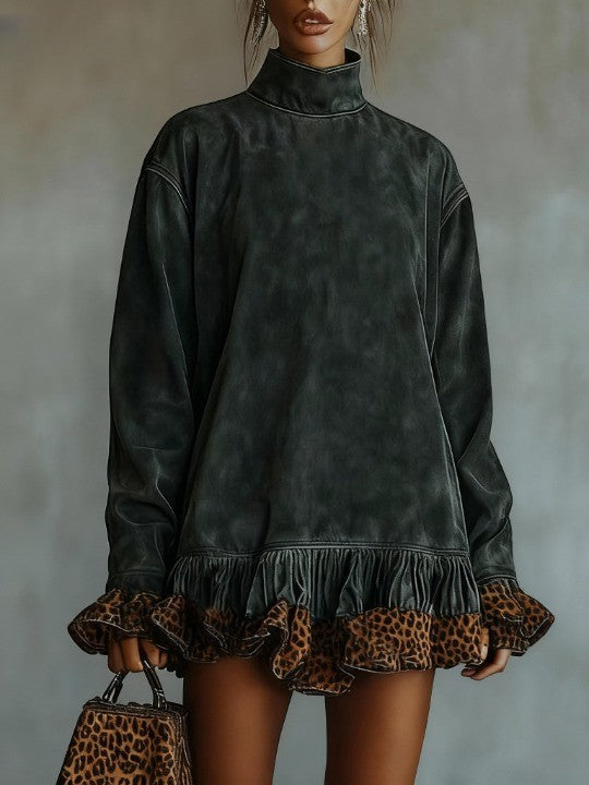 Mini Dress for Women, Turtleneck, Leopard Print Panel, Fit and Flare Style