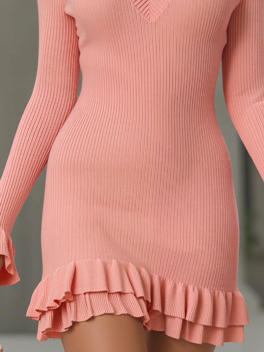 Muse & Valeur | Sweetheart Ruffle Hem Ribbed Knit Mini Dress